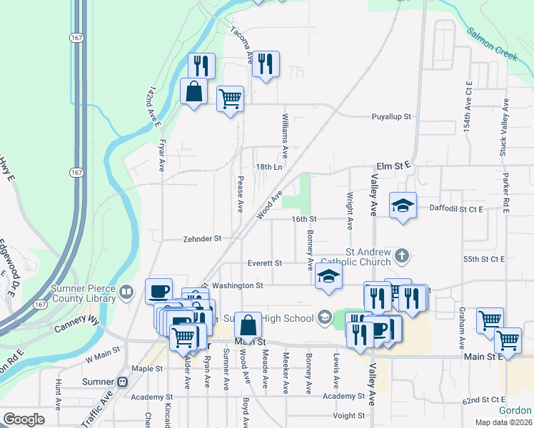 map of restaurants, bars, coffee shops, grocery stores, and more near 1529 Wood Avenue in Sumner