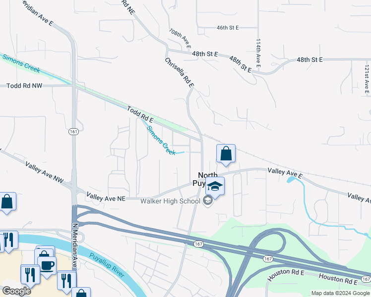 map of restaurants, bars, coffee shops, grocery stores, and more near 10908 53rd Street Court East in Puyallup