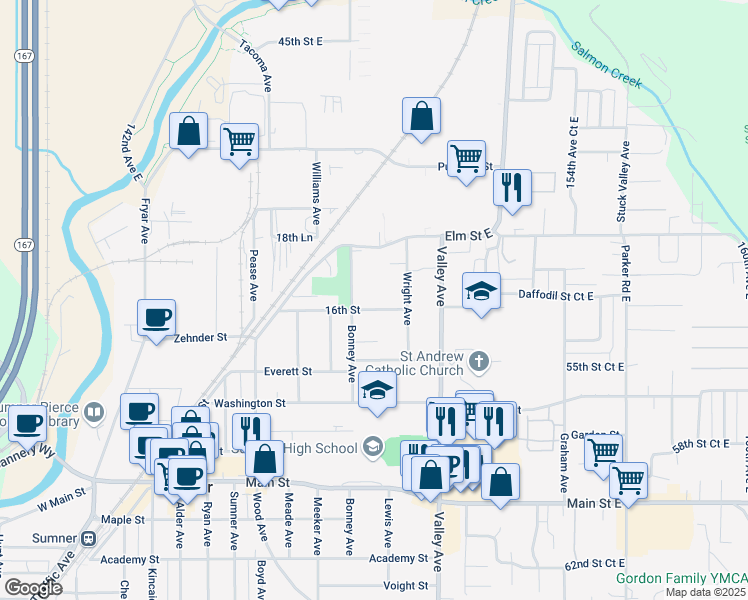 map of restaurants, bars, coffee shops, grocery stores, and more near 1802 16th Street in Sumner