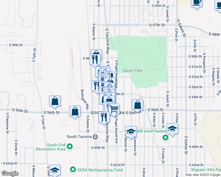 map of restaurants, bars, coffee shops, grocery stores, and more near 5402 South Tacoma Way in Tacoma