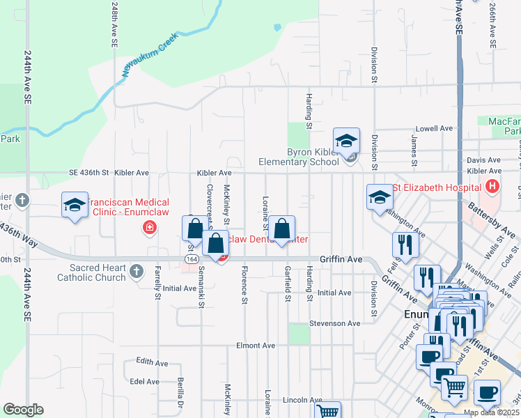 map of restaurants, bars, coffee shops, grocery stores, and more near 1874 Loraine Street in Enumclaw