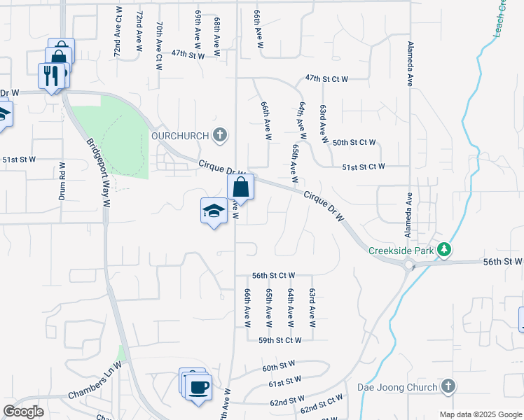 map of restaurants, bars, coffee shops, grocery stores, and more near 5409 66th Avenue West in Tacoma