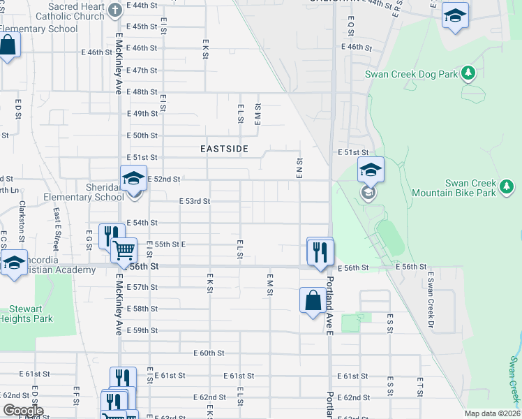 map of restaurants, bars, coffee shops, grocery stores, and more near 1230 East 54th Street in Tacoma