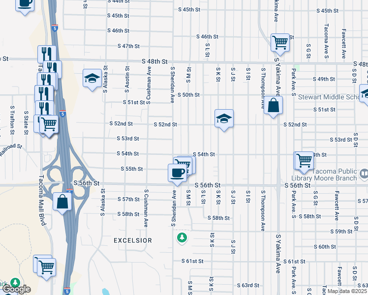 map of restaurants, bars, coffee shops, grocery stores, and more near 5403 South M Street in Tacoma