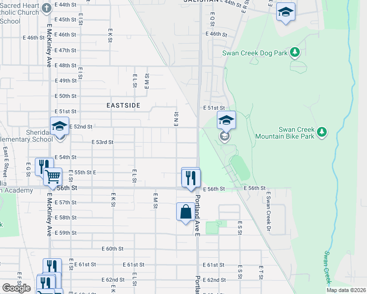 map of restaurants, bars, coffee shops, grocery stores, and more near 1416 East 54th Street in Tacoma