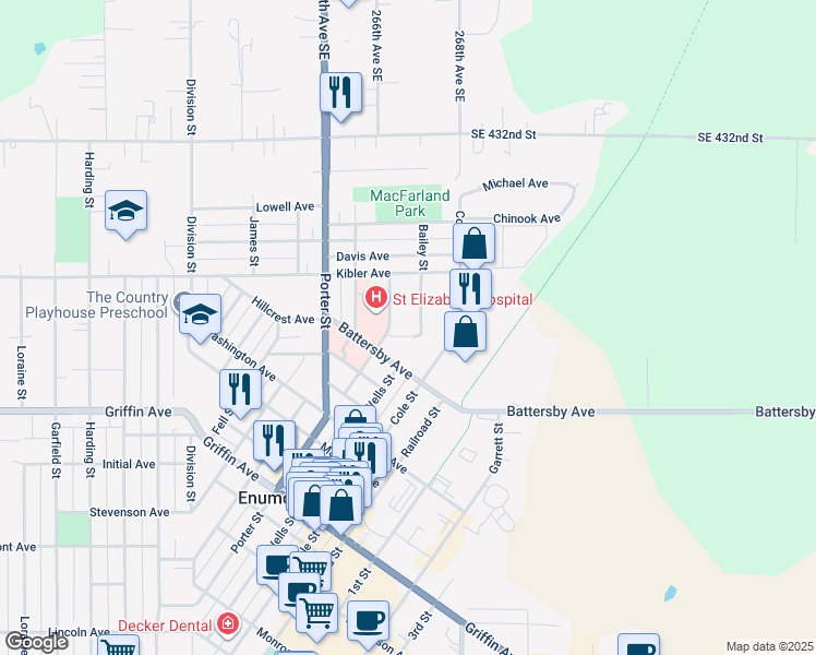 map of restaurants, bars, coffee shops, grocery stores, and more near 2323 Jensen Street in Enumclaw