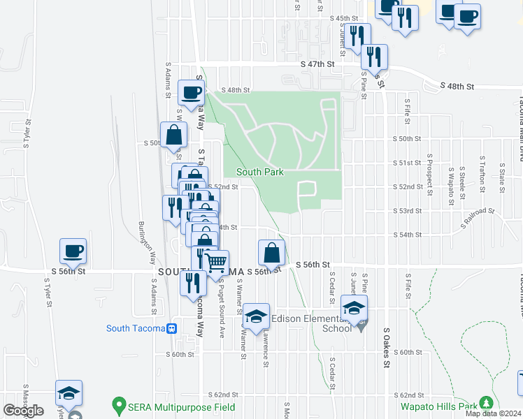 map of restaurants, bars, coffee shops, grocery stores, and more near 5204 South Birmingham Street in Tacoma