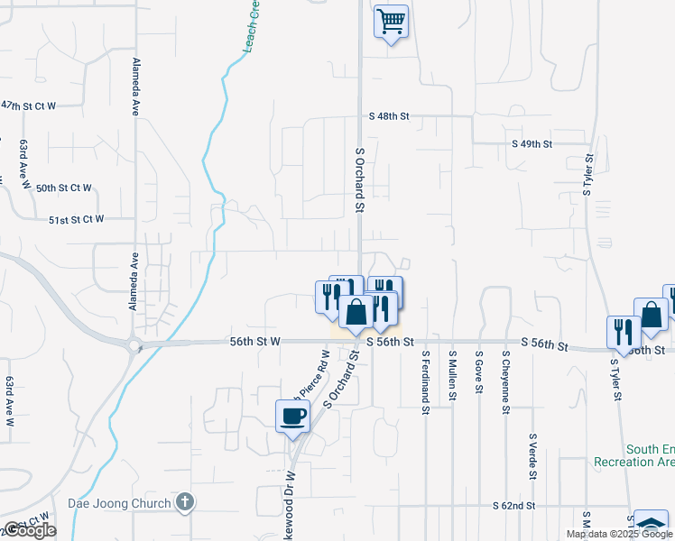 map of restaurants, bars, coffee shops, grocery stores, and more near 5117 53rd Street West in University Place