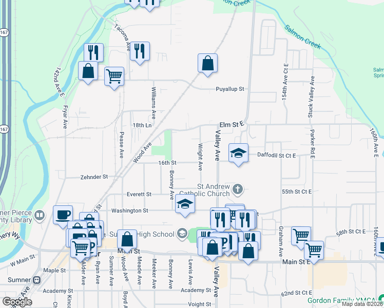 map of restaurants, bars, coffee shops, grocery stores, and more near 1801 16th Street in Sumner
