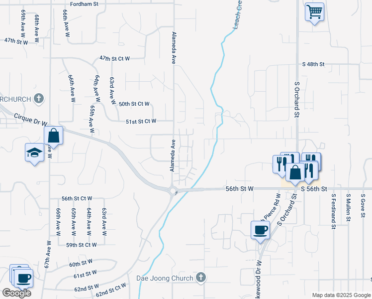 map of restaurants, bars, coffee shops, grocery stores, and more near 5230 58th Avenue West in University Place