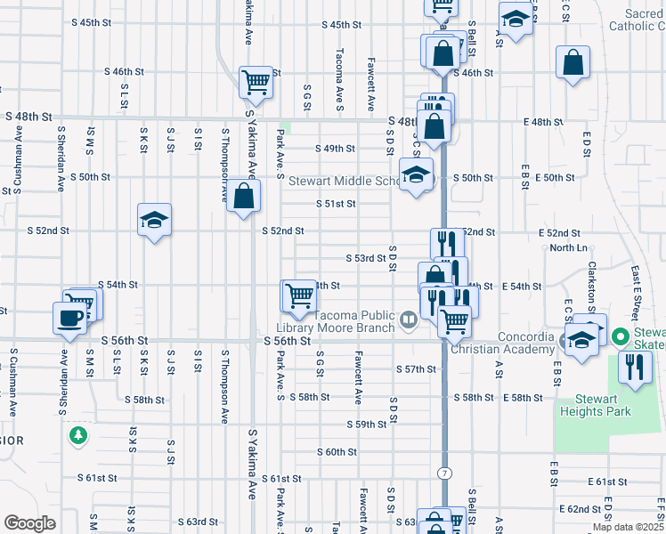 map of restaurants, bars, coffee shops, grocery stores, and more near 511 South 53rd Street in Tacoma