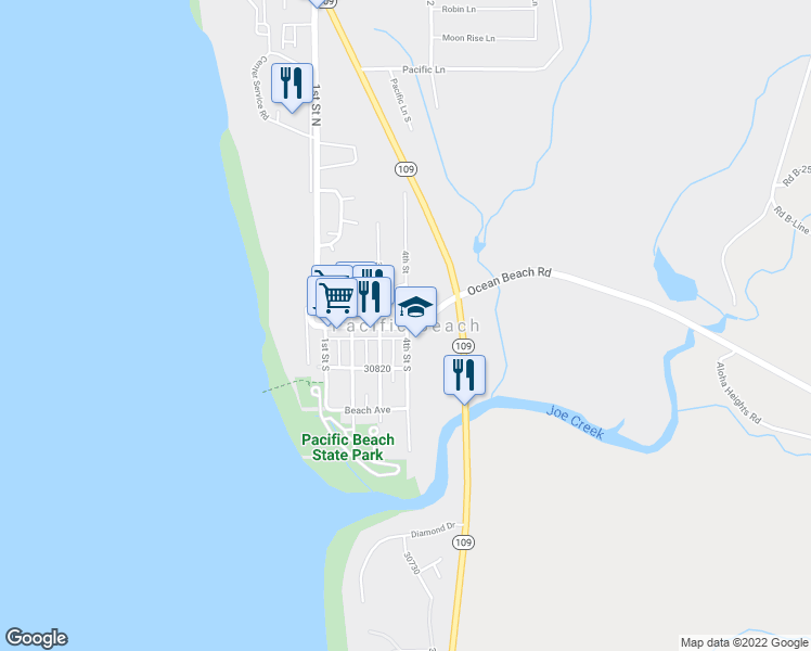 map of restaurants, bars, coffee shops, grocery stores, and more near in Pacific Beach