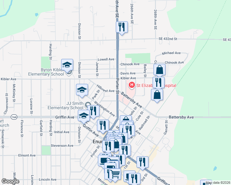 map of restaurants, bars, coffee shops, grocery stores, and more near 1670 Hillcrest Avenue in Enumclaw
