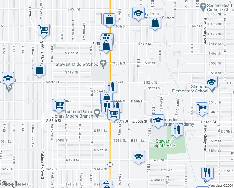 map of restaurants, bars, coffee shops, grocery stores, and more near 5214 South Bell Street in Tacoma