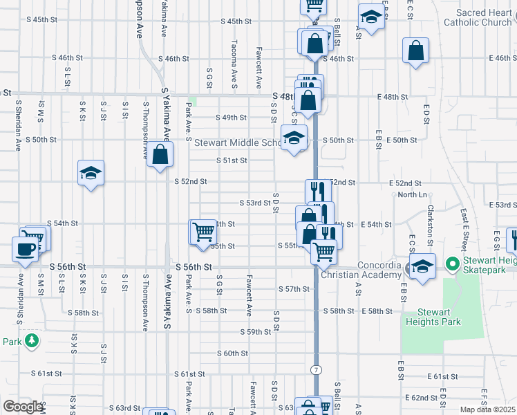 map of restaurants, bars, coffee shops, grocery stores, and more near 422 South 53rd Street in Tacoma