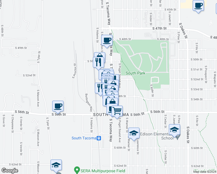 map of restaurants, bars, coffee shops, grocery stores, and more near 5206 South Tacoma Way in Tacoma
