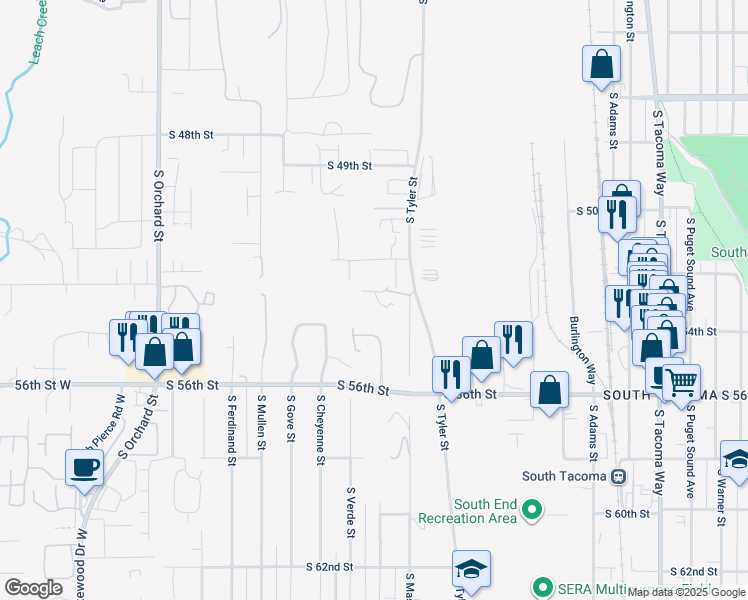 map of restaurants, bars, coffee shops, grocery stores, and more near 5220 South Mason Avenue in Tacoma
