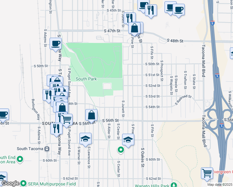 map of restaurants, bars, coffee shops, grocery stores, and more near 5302 South Junett Street in Tacoma