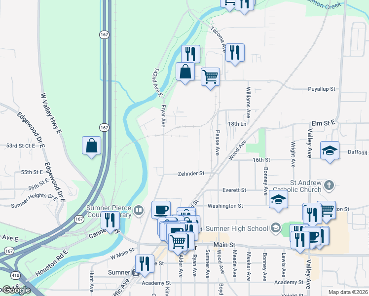 map of restaurants, bars, coffee shops, grocery stores, and more near 1115 Zehnder Street in Sumner