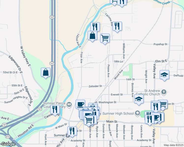 map of restaurants, bars, coffee shops, grocery stores, and more near 1115 Zehnder Street in Sumner