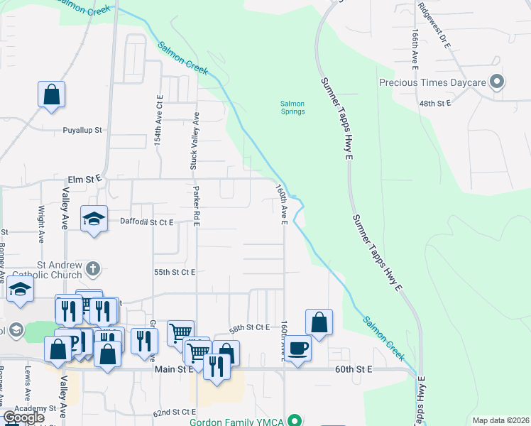 map of restaurants, bars, coffee shops, grocery stores, and more near 15914 52nd Street East in Sumner