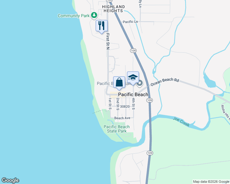 map of restaurants, bars, coffee shops, grocery stores, and more near 56 Railroad Avenue in Pacific Beach