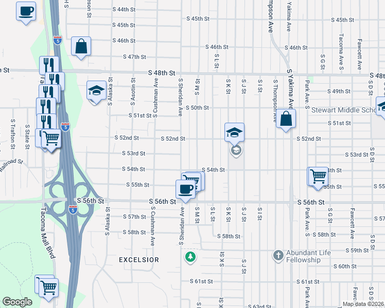map of restaurants, bars, coffee shops, grocery stores, and more near 5211 South M Street in Tacoma