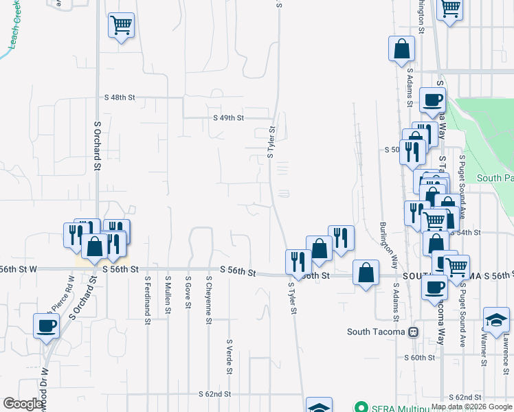 map of restaurants, bars, coffee shops, grocery stores, and more near 5228 South Mason Avenue in Tacoma