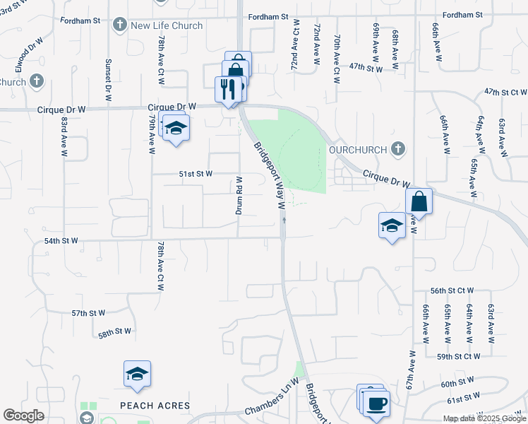 map of restaurants, bars, coffee shops, grocery stores, and more near 5250 Bridgeport Way West in University Place