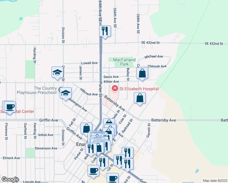 map of restaurants, bars, coffee shops, grocery stores, and more near 1455 Battersby Avenue in Enumclaw