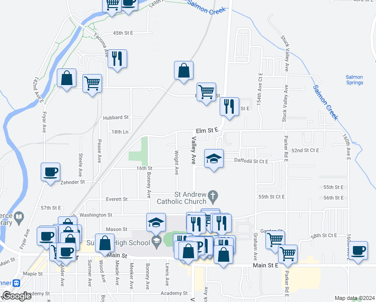 map of restaurants, bars, coffee shops, grocery stores, and more near 1715 Wright Avenue in Sumner