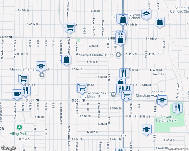 map of restaurants, bars, coffee shops, grocery stores, and more near 511 South 53rd Street in Tacoma