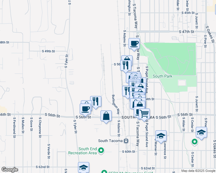 map of restaurants, bars, coffee shops, grocery stores, and more near 5202 Burlington Way in Tacoma