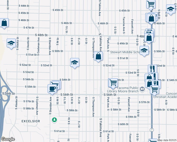 map of restaurants, bars, coffee shops, grocery stores, and more near 5214 South Thompson Avenue in Tacoma