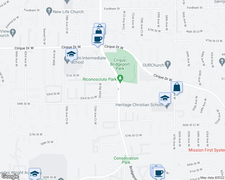 map of restaurants, bars, coffee shops, grocery stores, and more near 5250 Bridgeport Way West in University Place
