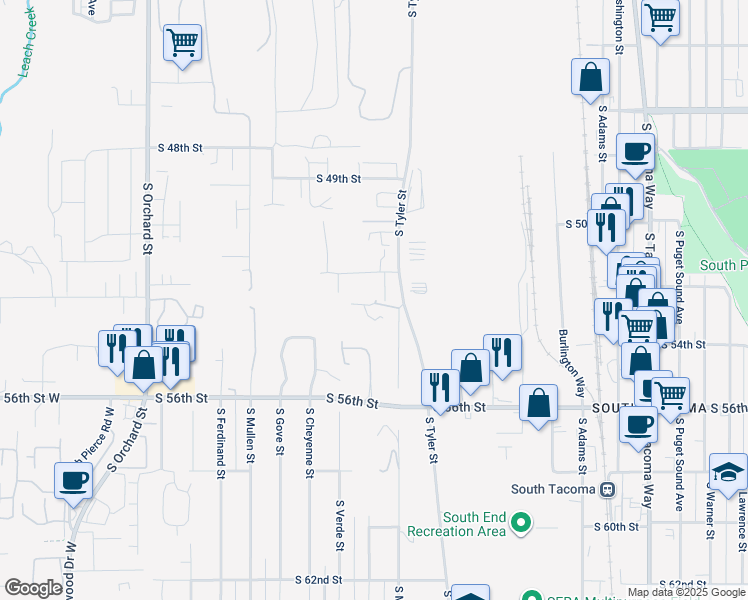 map of restaurants, bars, coffee shops, grocery stores, and more near 5220 South Mason Avenue in Tacoma