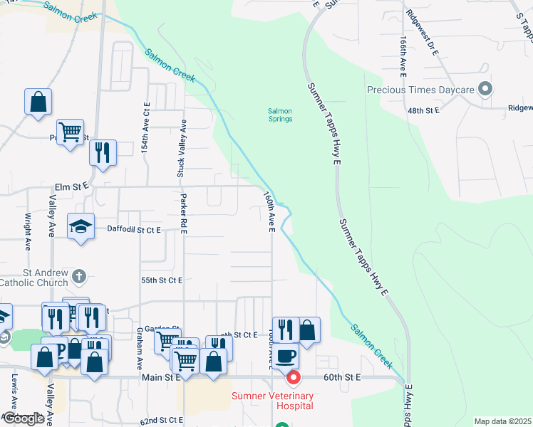 map of restaurants, bars, coffee shops, grocery stores, and more near 15914 52nd Street East in Sumner