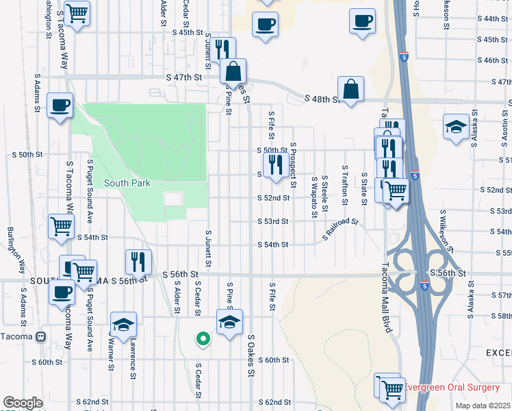 map of restaurants, bars, coffee shops, grocery stores, and more near 5207 South Oakes Street in Tacoma