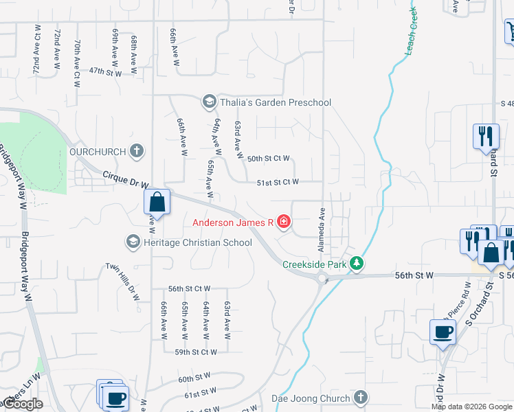map of restaurants, bars, coffee shops, grocery stores, and more near 6201 53rd Street Court West in Tacoma