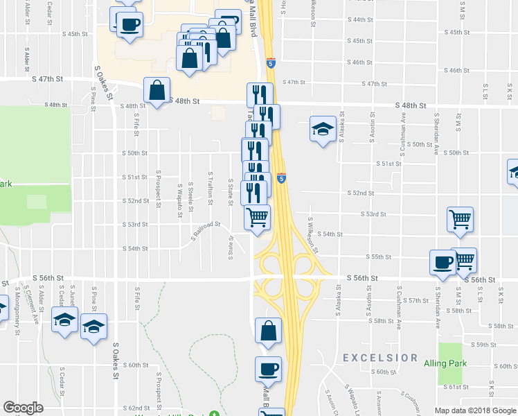map of restaurants, bars, coffee shops, grocery stores, and more near 5221 Tacoma Mall Boulevard in Tacoma