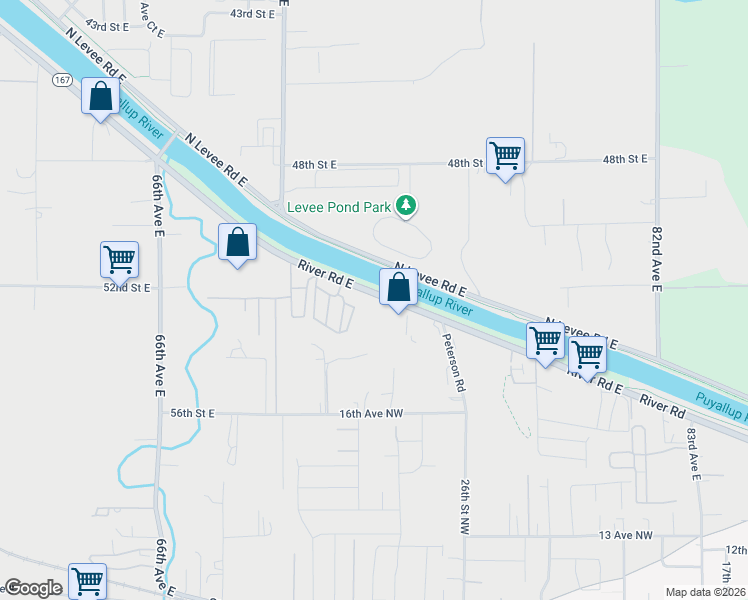 map of restaurants, bars, coffee shops, grocery stores, and more near 7222 River Road East in Puyallup