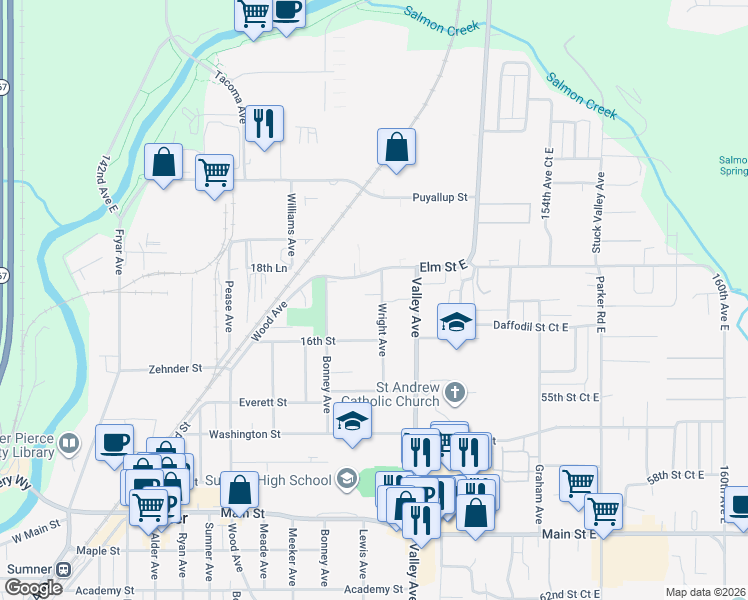 map of restaurants, bars, coffee shops, grocery stores, and more near 1815 54th Street Court East in Sumner