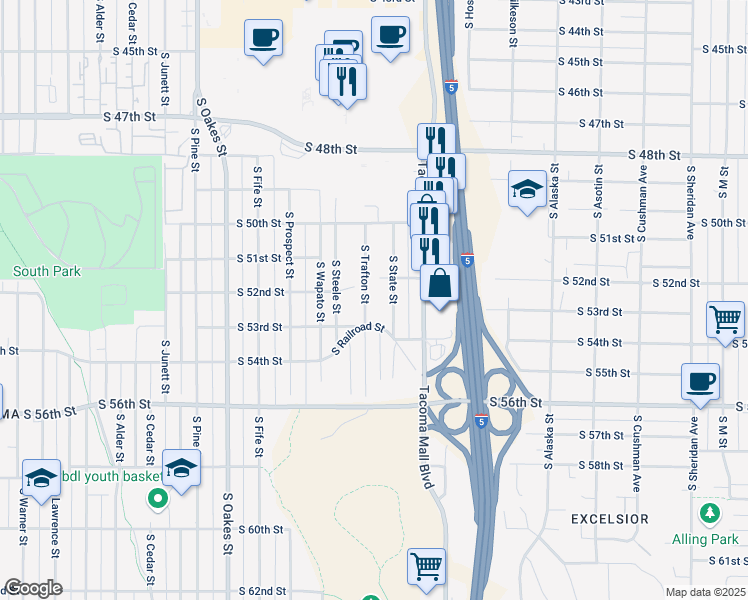 map of restaurants, bars, coffee shops, grocery stores, and more near 5217 South Trafton Street in Tacoma