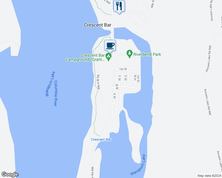 map of restaurants, bars, coffee shops, grocery stores, and more near 8542 Crescent Bar Road Northwest in Quincy