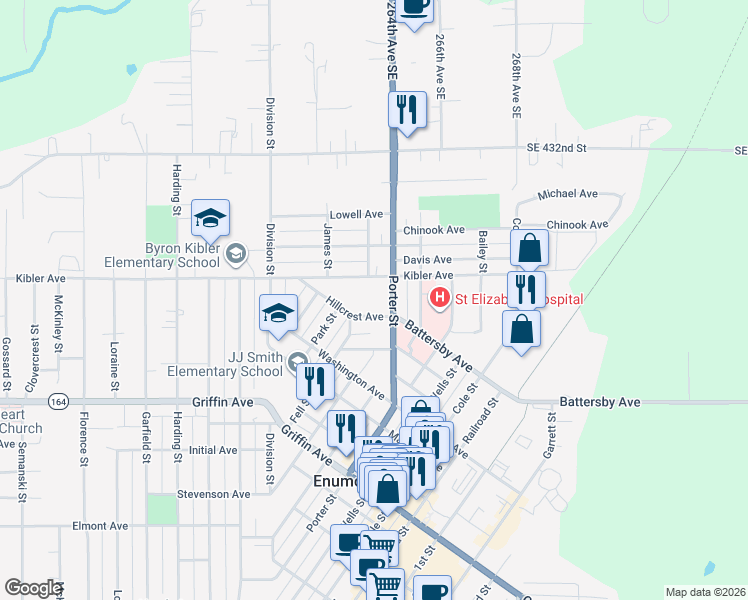 map of restaurants, bars, coffee shops, grocery stores, and more near 1670 Hillcrest Avenue in Enumclaw