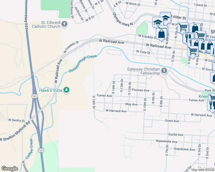 map of restaurants, bars, coffee shops, grocery stores, and more near 515 Holly Drive in Shelton