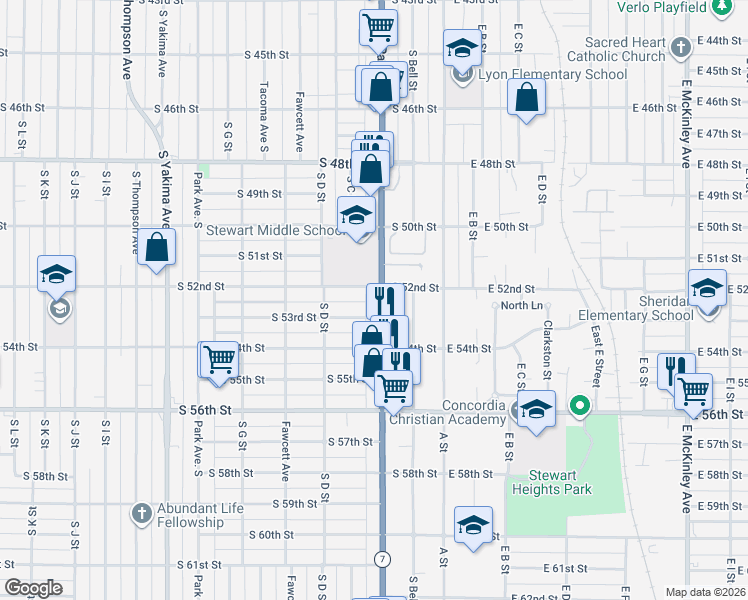 map of restaurants, bars, coffee shops, grocery stores, and more near 5210 Pacific Avenue in Tacoma