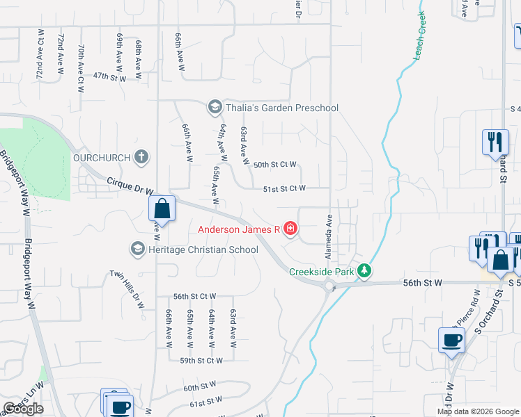 map of restaurants, bars, coffee shops, grocery stores, and more near 6201 53rd Street Court West in Tacoma