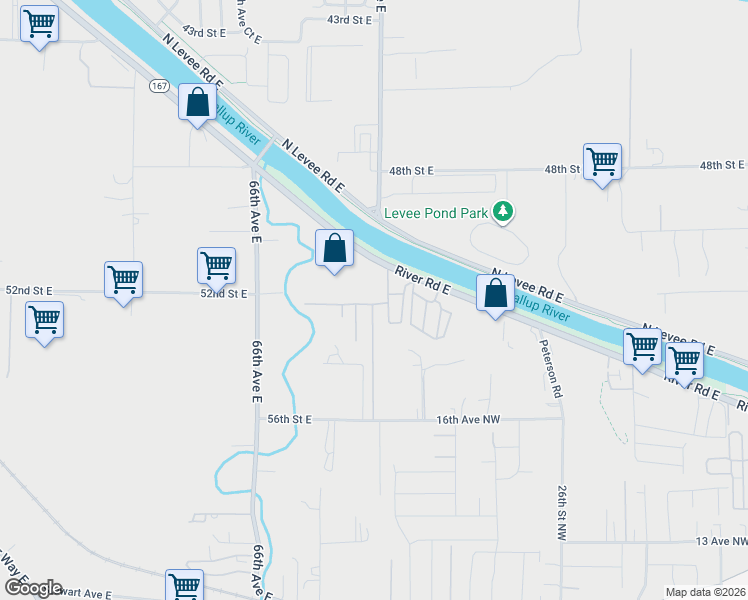 map of restaurants, bars, coffee shops, grocery stores, and more near 6923 52nd Street Court East in Puyallup