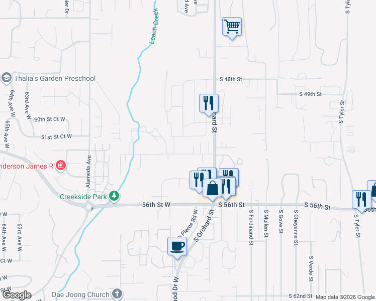 map of restaurants, bars, coffee shops, grocery stores, and more near 5227 53rd Street West in University Place